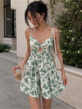 Sandro Palm Tree Print Linen Mini Sun Dress Resort Euro Summer Size 2 Green